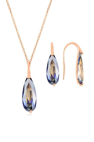 Gümüş rose mavi mistik  taşlı damla kolye ve küpe ikili gümüş set SGTL10598MAVIMISTIK