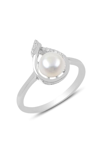 Gümüş incili ve zirkon taşlı damla modeli yüzük SGTL9786