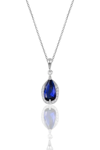 Gümüş rodyumlu safir ve zirkon taşlı damla modeli kolye SGTL12076LACIVERT