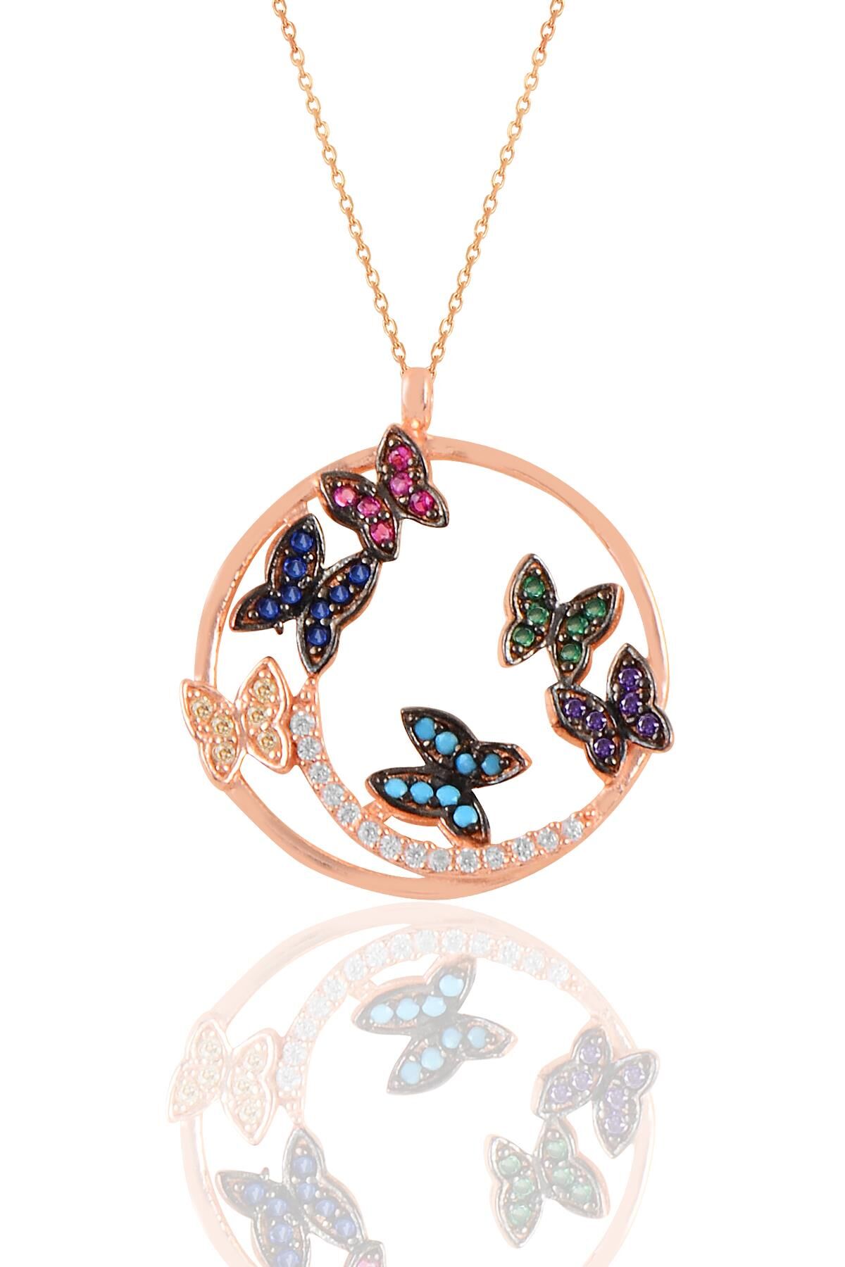Gümüş rose renkli taşlı uçuşan kelebekler kolye SGTL11196ROSE