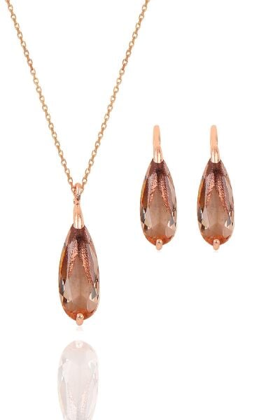 Gümüş rose zultanit taşlı damla kolye ve küpe ikili gümüş set SGTL10598ZULTANIT