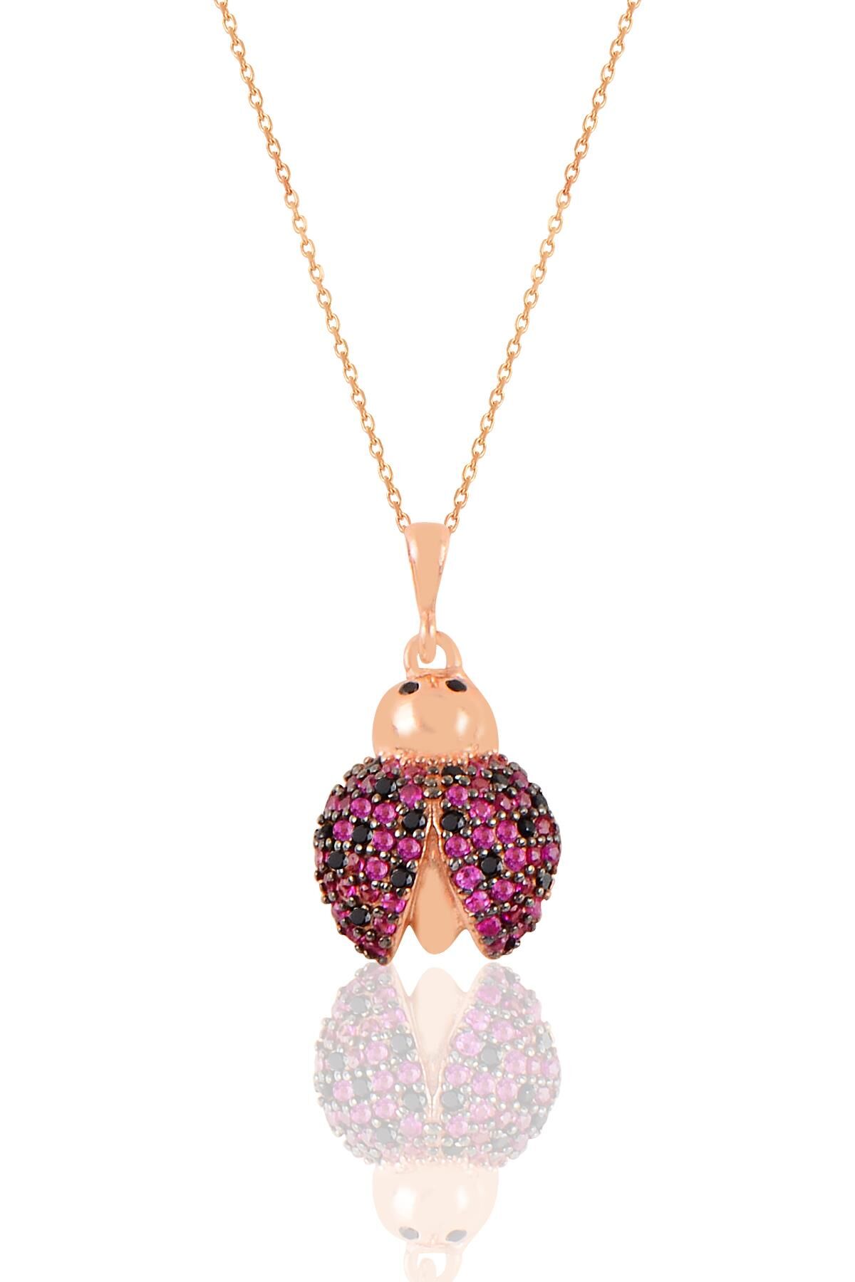 Gümüş rose fuşya taşlı uğur böceği kolye  SGTL11195ROSE