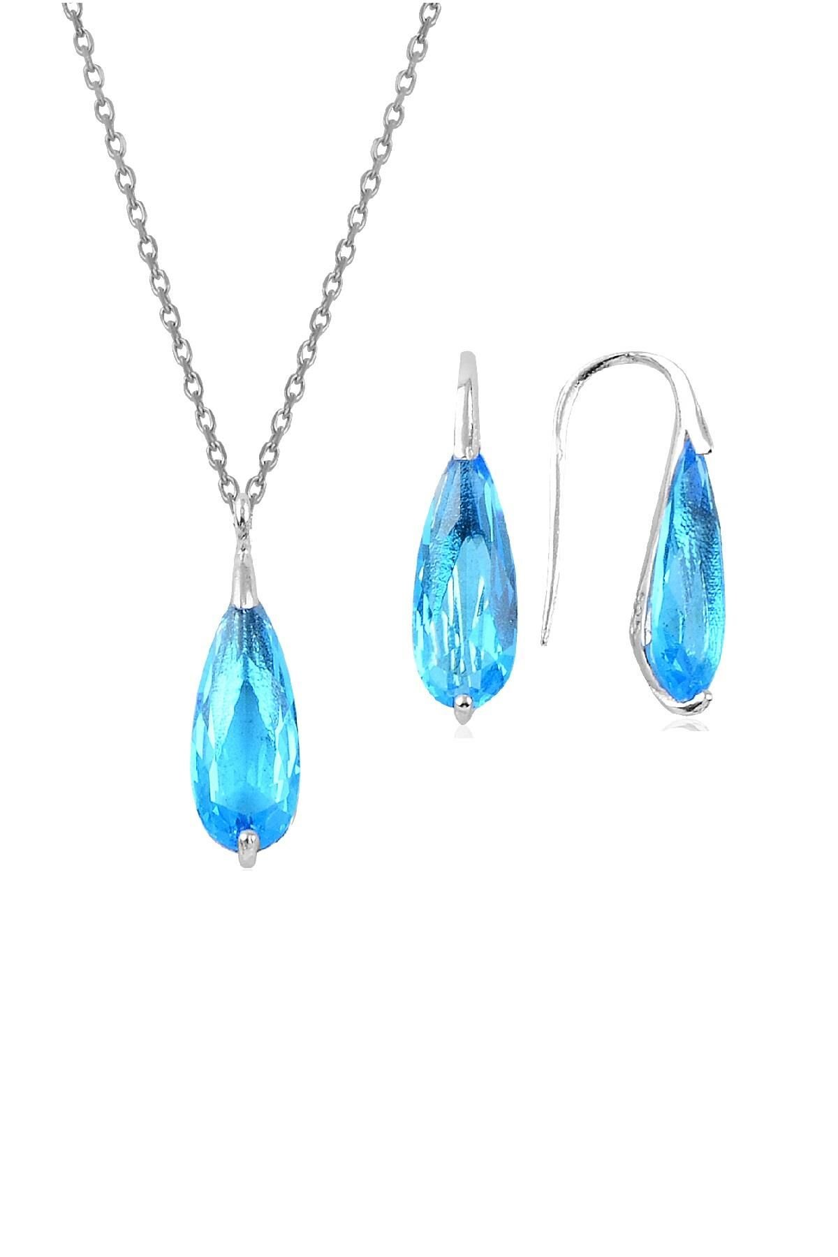Gümüş rodyumlu  akuamarin taşlı damla kolye ve küpe ikili gümüş set SGTL10599MAVI