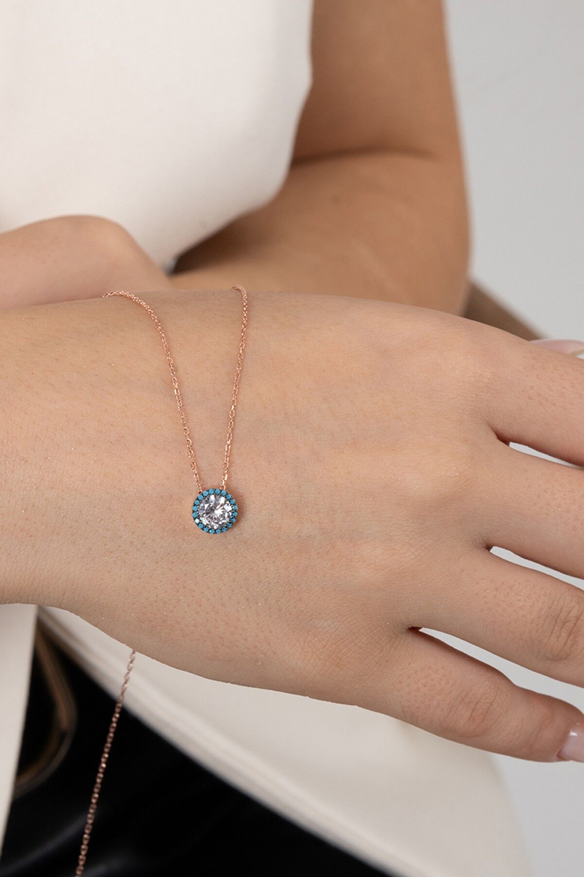 Gümüş rose nano turkuaz ve zirkon taşlı pırlanta montür kolye SGTL12382ROSE