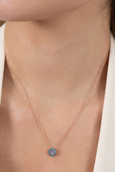 Gümüş rose nano turkuaz ve zirkon taşlı pırlanta montür kolye SGTL12382ROSE