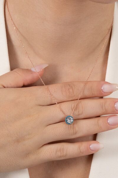 Gümüş rose nano turkuaz ve zirkon taşlı pırlanta montür kolye SGTL12382ROSE