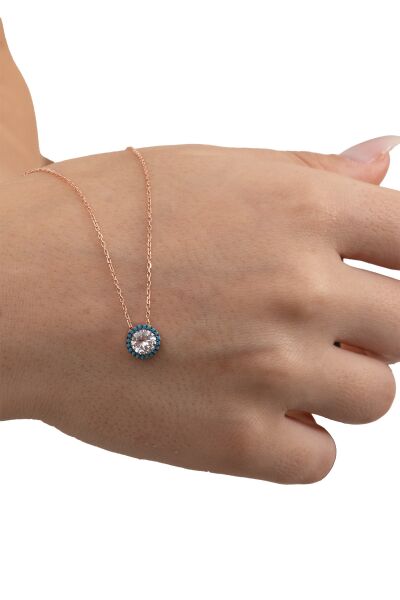 Gümüş rose nano turkuaz ve zirkon taşlı pırlanta montür kolye SGTL12382ROSE