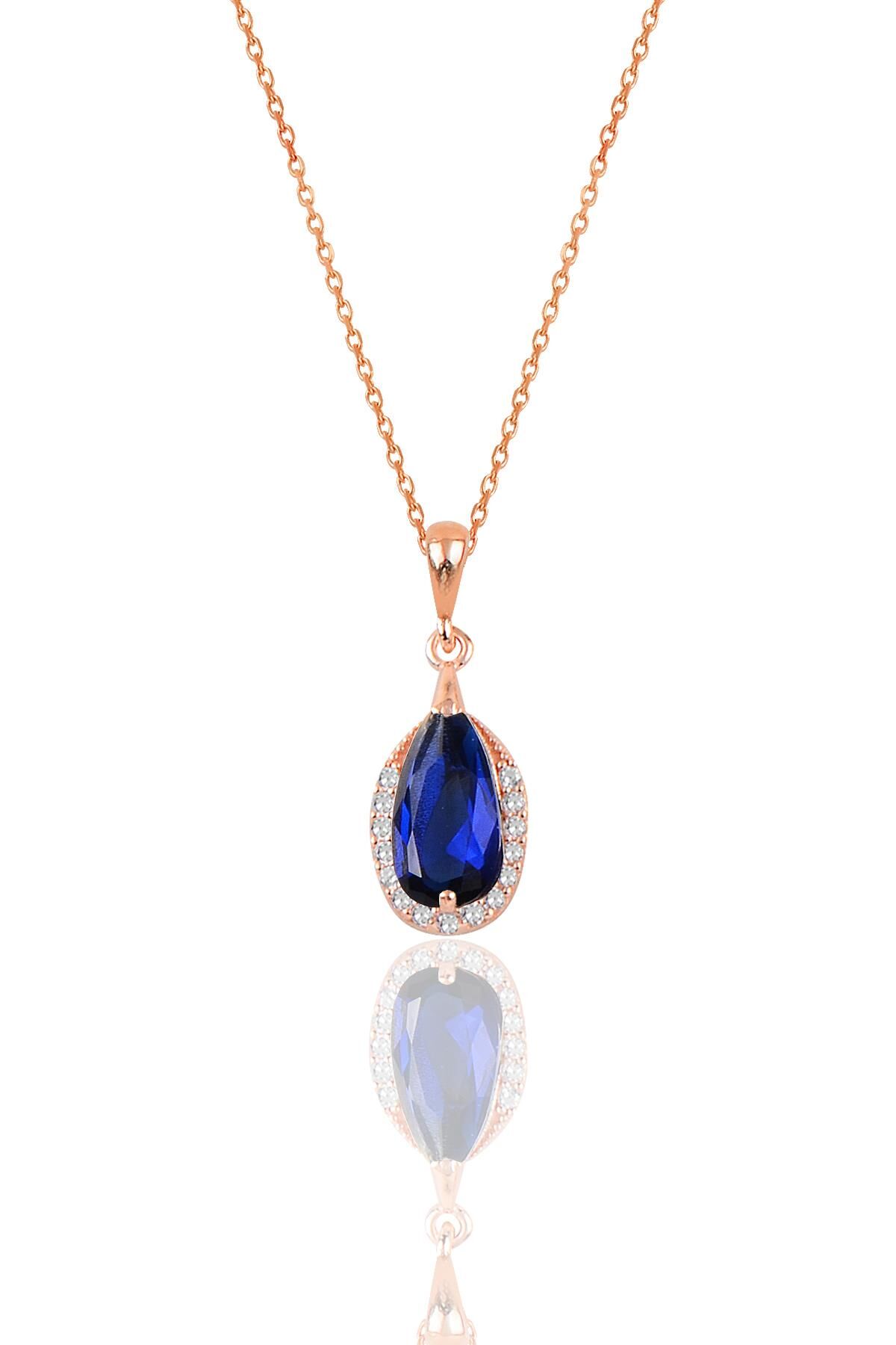 Gümüş rose safir ve zirkon taşlı damla modeli kolye SGTL12075LACIVERT