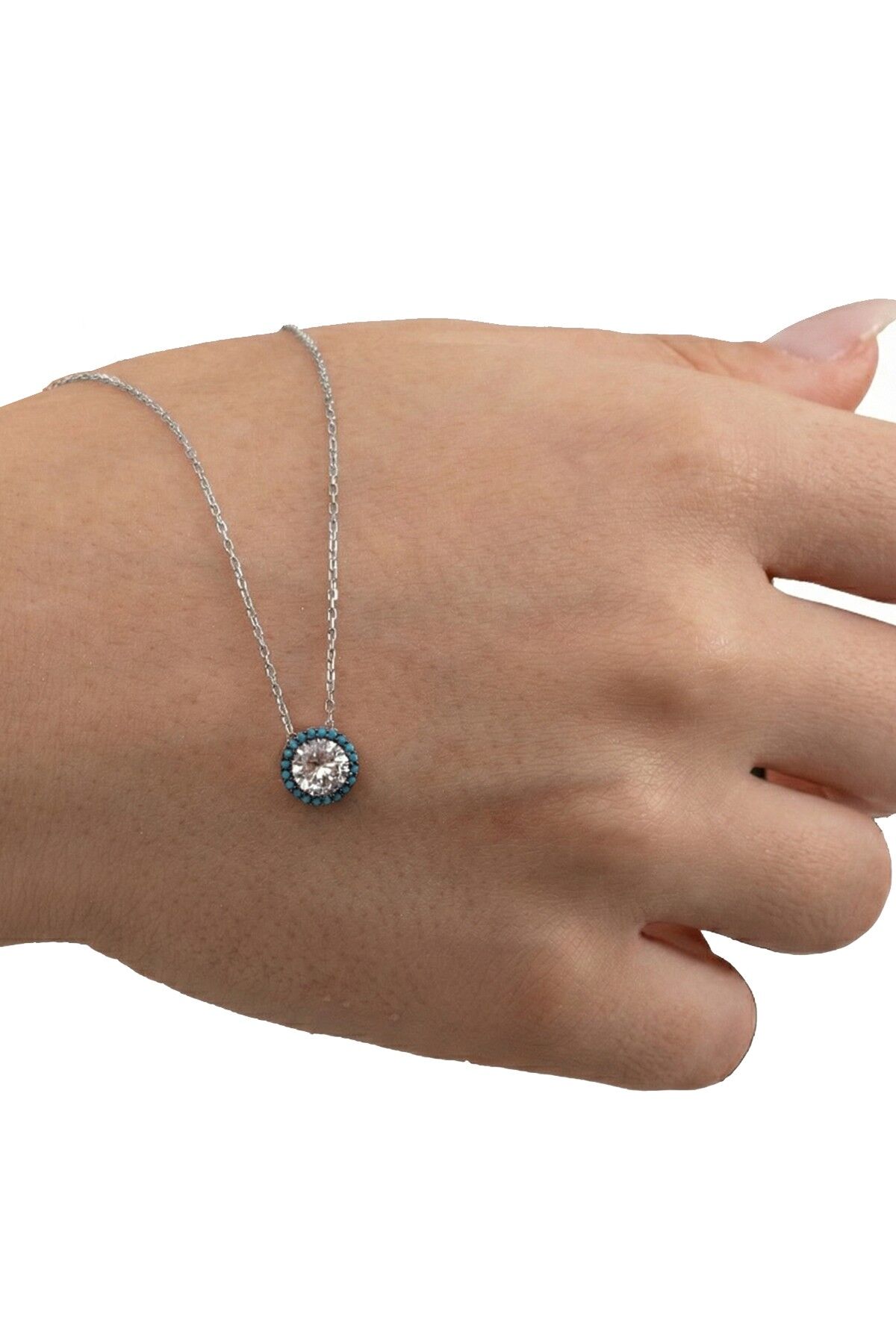 Gümüş rodyumlu nano turkuaz ve zirkon taşlı pırlanta montür kolye SGTL12382RODAJ