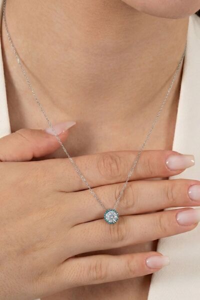 Gümüş rodyumlu nano turkuaz ve zirkon taşlı pırlanta montür kolye SGTL12382RODAJ
