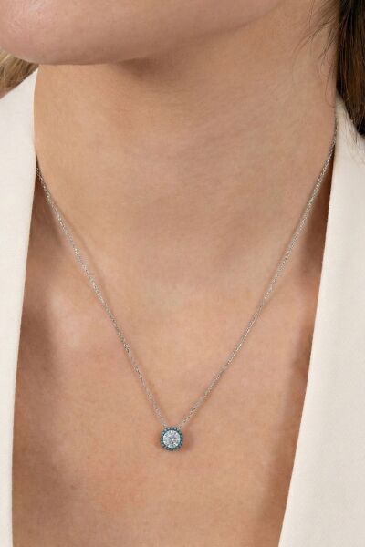 Gümüş rodyumlu nano turkuaz ve zirkon taşlı pırlanta montür kolye SGTL12382RODAJ