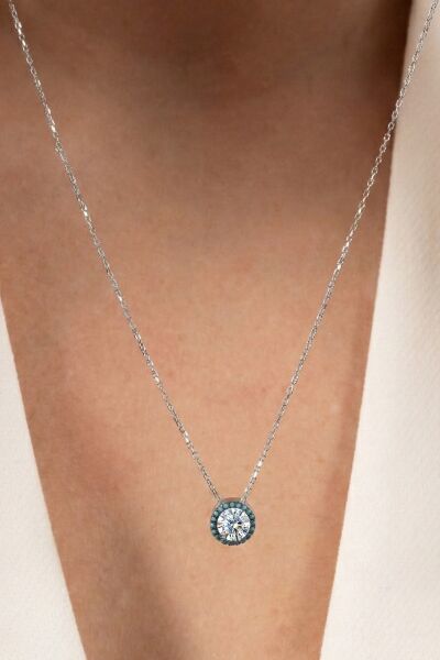 Gümüş rodyumlu nano turkuaz ve zirkon taşlı pırlanta montür kolye SGTL12382RODAJ