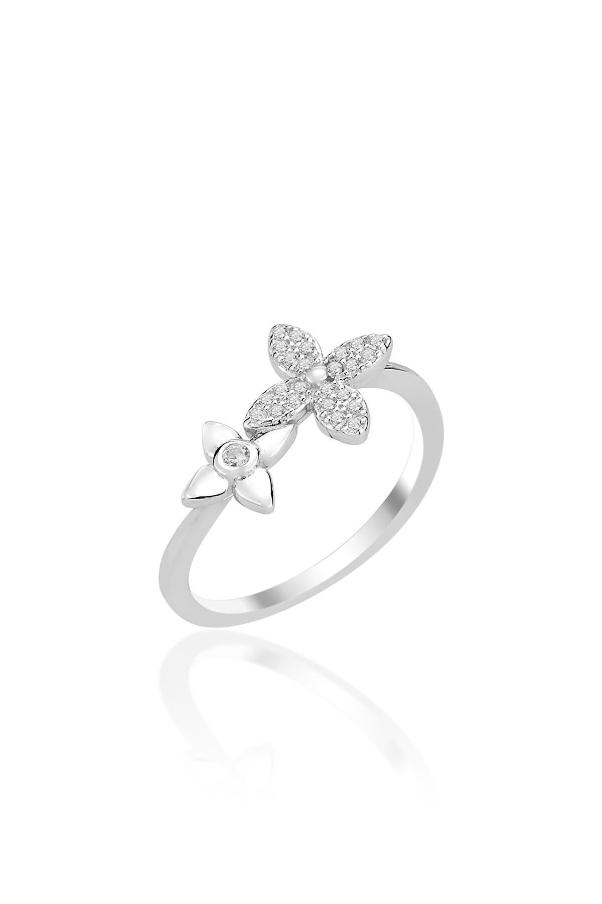 Gümüş rodyumlu zirkon taşlı ikiz şans yoncası yüzük SGTL12797RODAJ