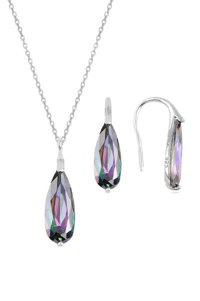 Gümüş rodyumlu  mistik  taşlı damla kolye ve küpe ikili gümüş set SGTL10599MISTIK