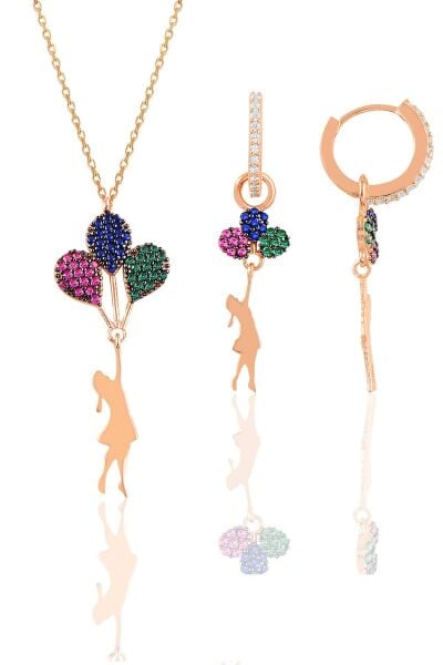 Gümüş rose balonlu kız kolye ve küpe gümüş set SGTL10603ROSE