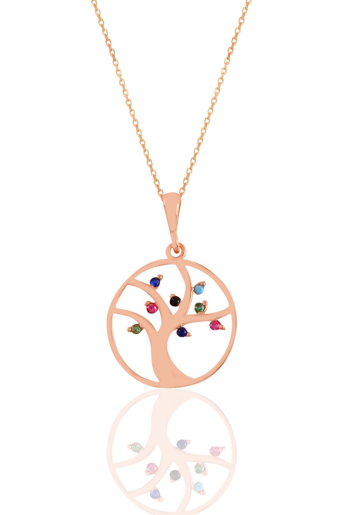 Gümüş rose  renkli taşlı ağaç kolye SGTL11189ROSE
