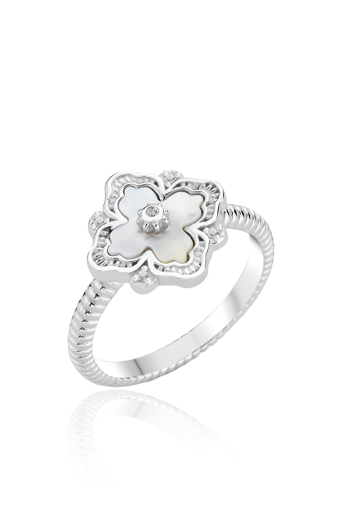 Gümüş rodyumlu sedef ve zirkon taşlı ay ışığı yonca yüzük SGTL12862