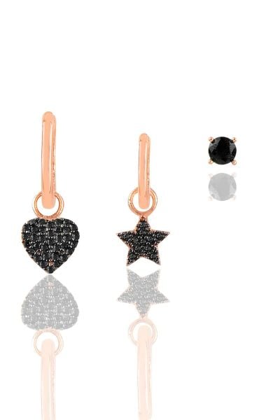 Gümüş rose siyah taşlı yıldız kalp, ve tektaşlı kombin küpe SGTL12105SIYAH