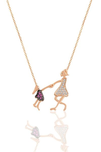 Gümüş rose taşlı anne ve çocuk mutluluk gümüş kolye SGTL10604ROSE