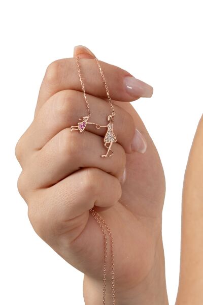 Gümüş rose taşlı anne ve çocuk mutluluk gümüş kolye SGTL10604ROSE