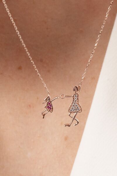 Gümüş rose taşlı anne ve çocuk mutluluk gümüş kolye SGTL10604ROSE