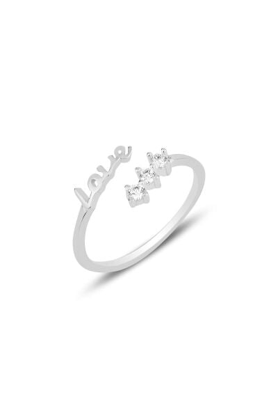 Gümüş rodyumlu zirkon taşlı love yazılı ayarlamalı yüzük SGTL12172RODAJ