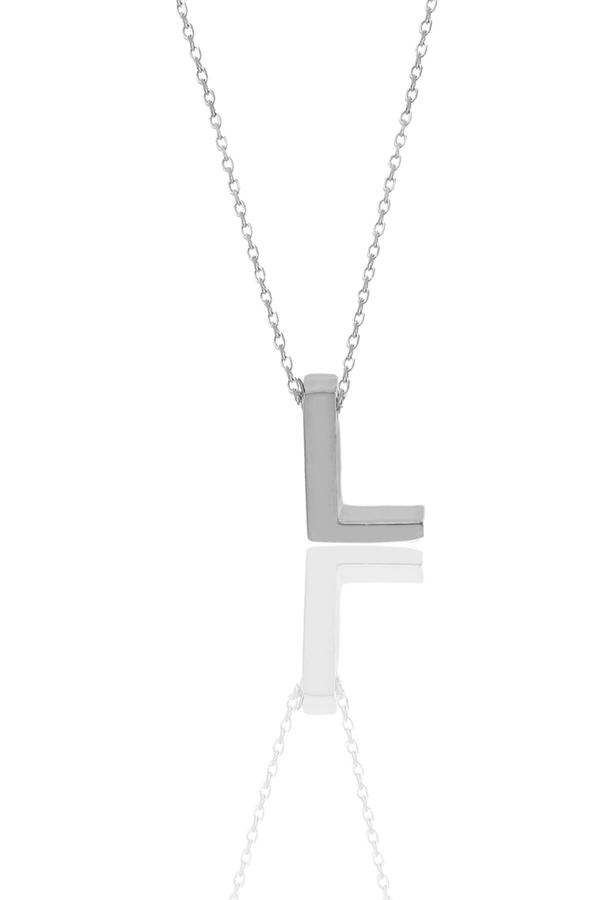Gümüş rodyumlu üç boyutlu minimal  L harf kolye SGTL11181L