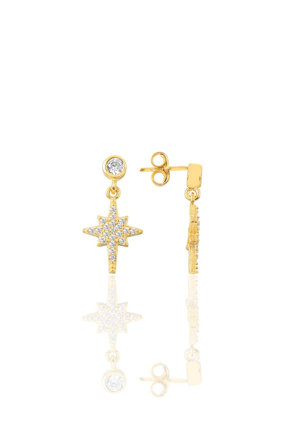 Gümüş altın yaldızlı zirkon taşlı kutup yıldızı küpe SGTL11559GOLD