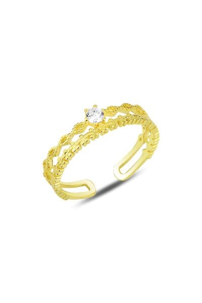 Gümüş altın yaldızlı zirkon tek taşlı  ayarlamalı yüzük SGTL12161GOLD