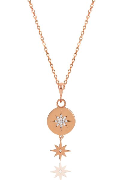 Gümüş rose zirkon taşlı kuzey yıldızı kolye ve küpe ikili set SGTL12072ROSE