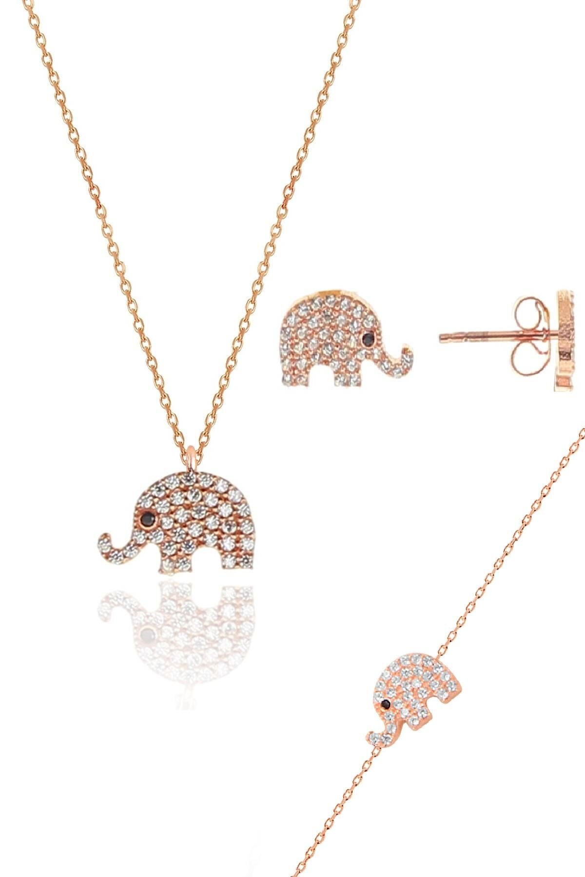 Gümüş rose zirkon taşlı fil kolye bileklik ve küpe gümüş üçlü set SGTL10601FIL