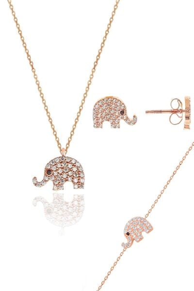 Gümüş rose zirkon taşlı fil kolye bileklik ve küpe gümüş üçlü set SGTL10601FIL