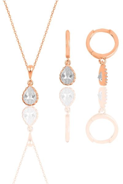 Gümüş rose zirkon taşlı damla kolye ve küpe ikili set  SGTL12069ROSE