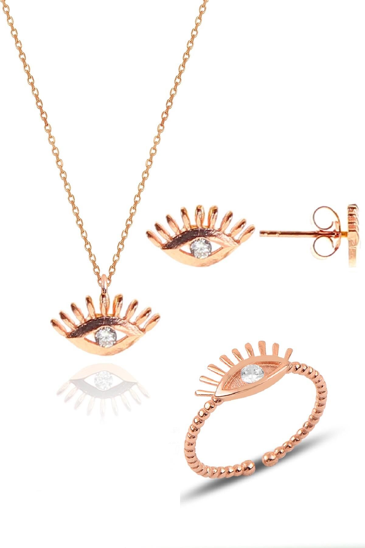 Gümüş rose zirkon taşlı kirpikli göz kolye, yüzük  ve küpe gümüş üçlü set SGTL10601KIRPIK