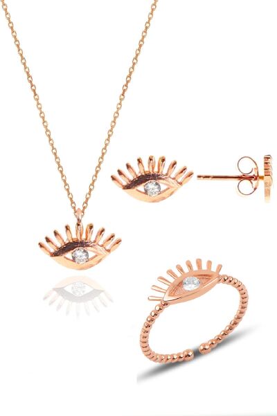 Gümüş rose zirkon taşlı kirpikli göz kolye, yüzük  ve küpe gümüş üçlü set SGTL10601KIRPIK