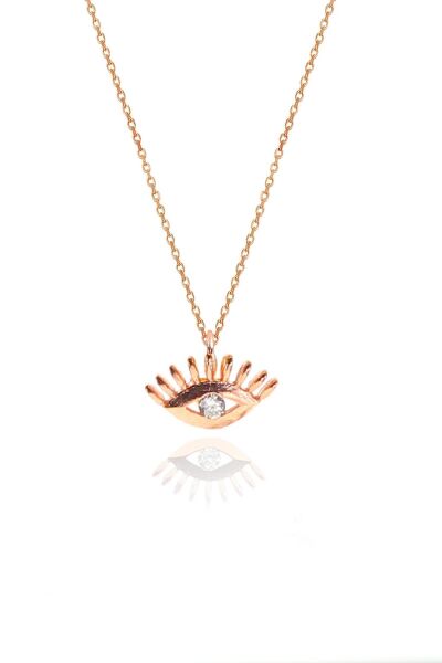 Gümüş rose zirkon taşlı kirpikli göz kolye, yüzük  ve küpe gümüş üçlü set SGTL10601KIRPIK