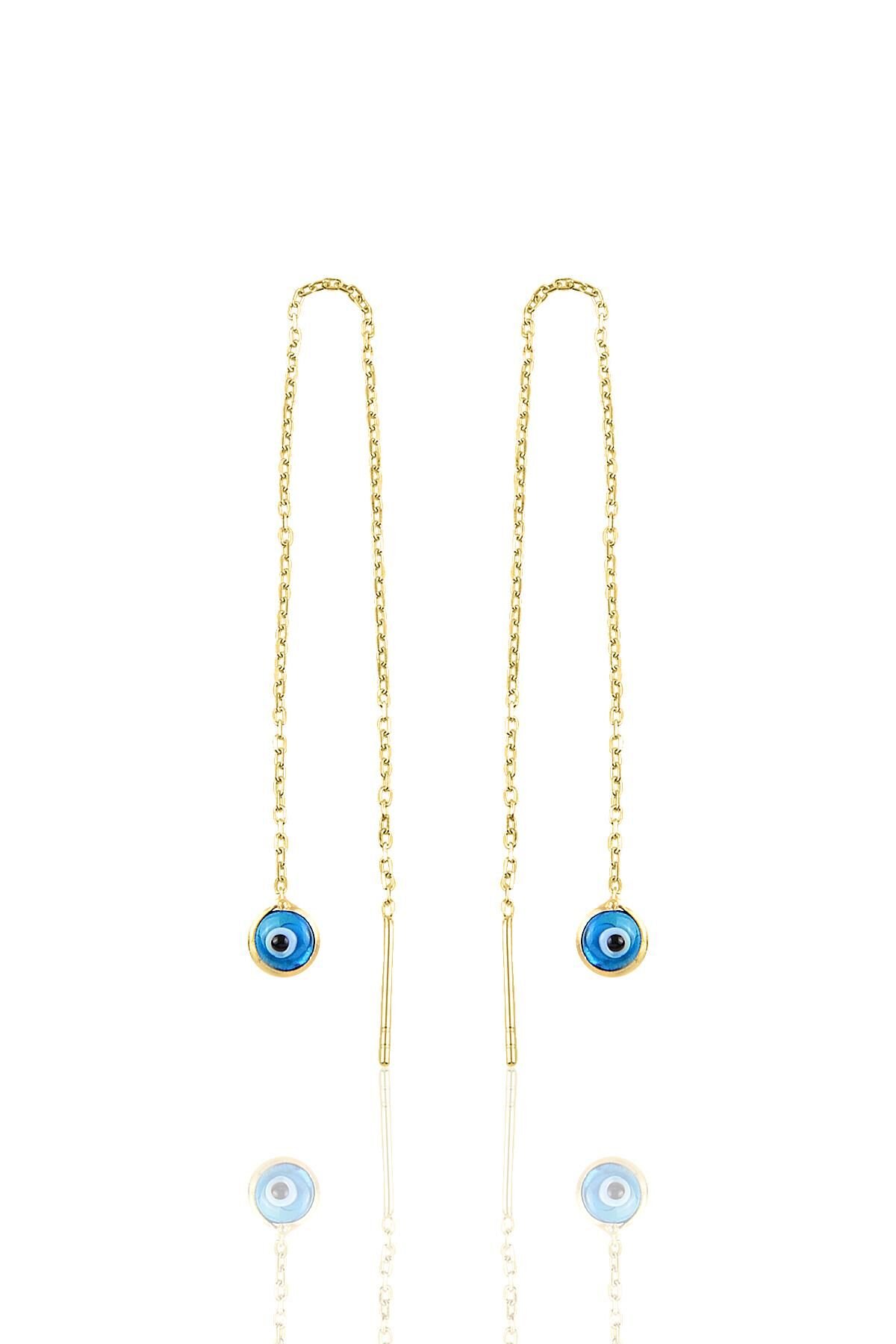 Gümüş altın yaldızlı, cam göz nazar gümüş zincir küpe SGTL10608GOLD