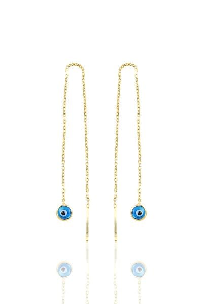 Gümüş altın yaldızlı, cam göz nazar gümüş zincir küpe SGTL10608GOLD