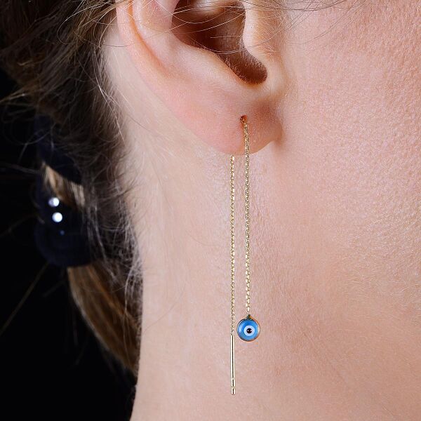 Gümüş altın yaldızlı, cam göz nazar gümüş zincir küpe SGTL10608GOLD