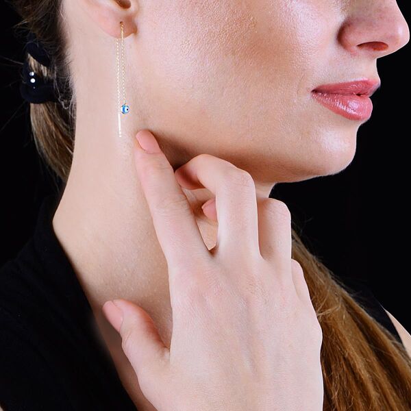 Gümüş altın yaldızlı, cam göz nazar gümüş zincir küpe SGTL10608GOLD