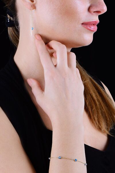 Gümüş altın yaldızlı, cam göz nazar gümüş zincir küpe SGTL10608GOLD