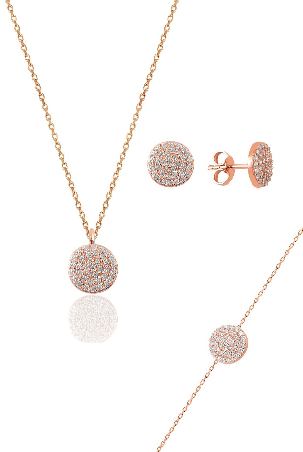 Gümüş rose zirkon taşlı yuvarlak kolye bileklik ve küpe gümüş üçlü set SGTL10601YUVARLAK