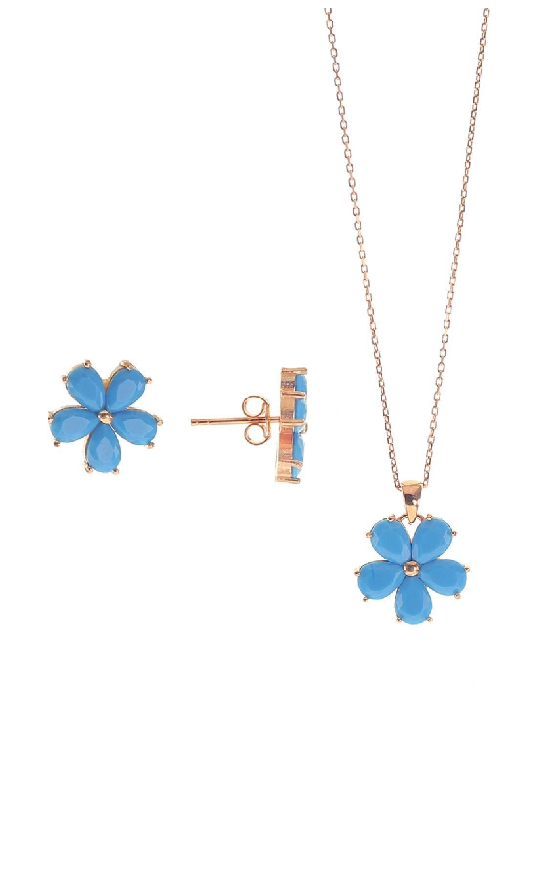 Gümüş turkuaz taşlı çiçek modeli ikili set SGTL8827