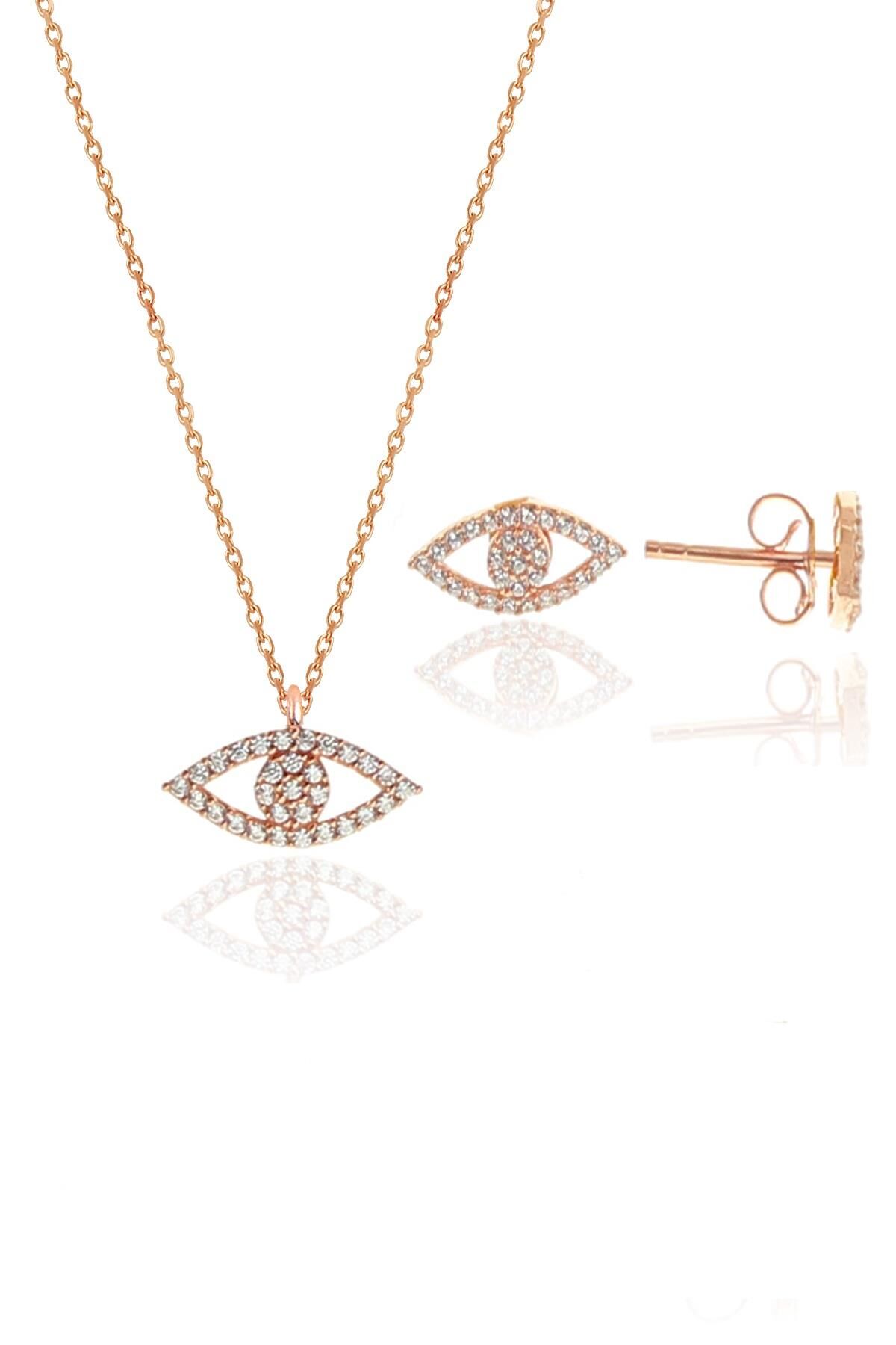 Gümüş rose zirkon taşlı göz kolye ve küpe gümüş ikili set SGTL10602GOZ