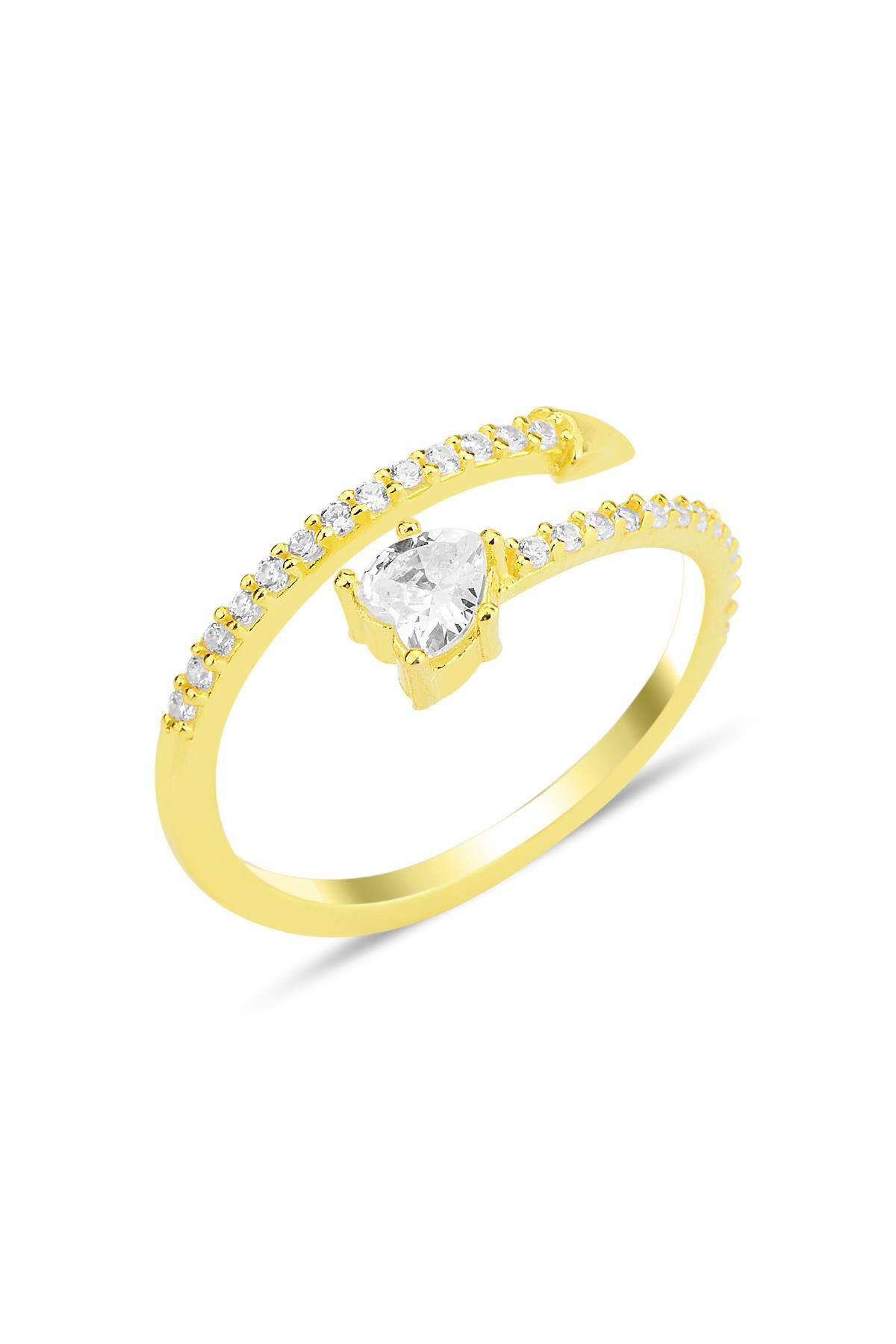 Gümüş altın yaldızlı zirkon taşlı üstten ayarlanabilir kalp yüzük SGTL12233GOLD