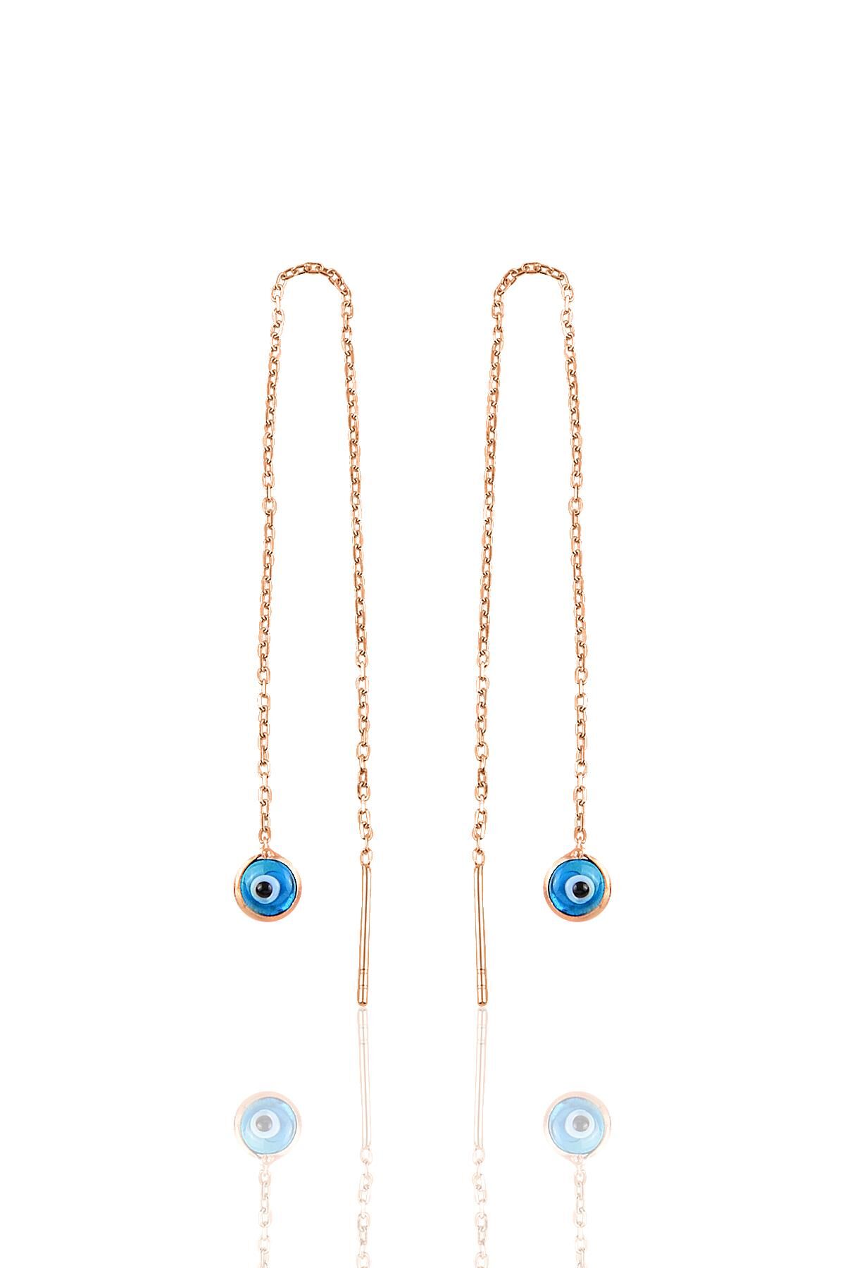 Gümüş rose, cam göz nazar gümüş zincir küpe SGTL10608ROSE