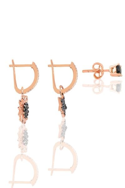 Gümüş rose siyah taşlı yıldız güneş, ve tektaşlı kombin küpe SGTL12106SIYAH