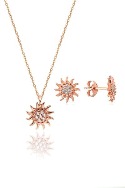 Gümüş rose zirkon taşlı güneş kolye ve küpe gümüş ikili set SGTL10602GUNES