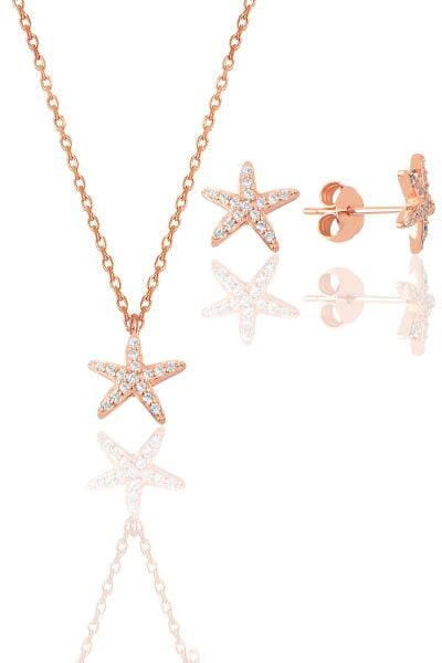 Gümüş rose zirkon taşlı deniz yıldızı kolye ve küpe ikili set SGTL11441ROSE