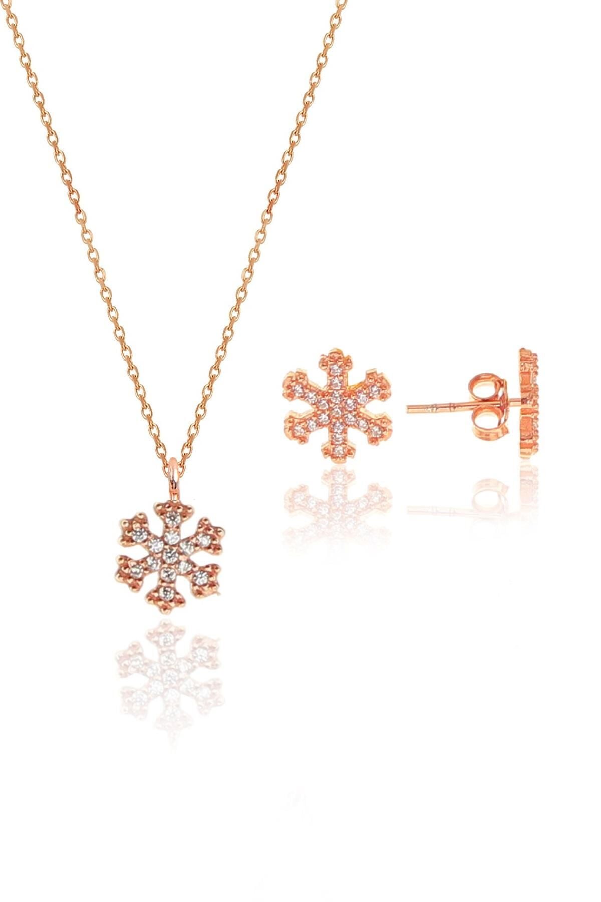 Gümüş rose zirkon taşlı kar tanesi kolye ve küpe gümüş ikili set SGTL10602KAR